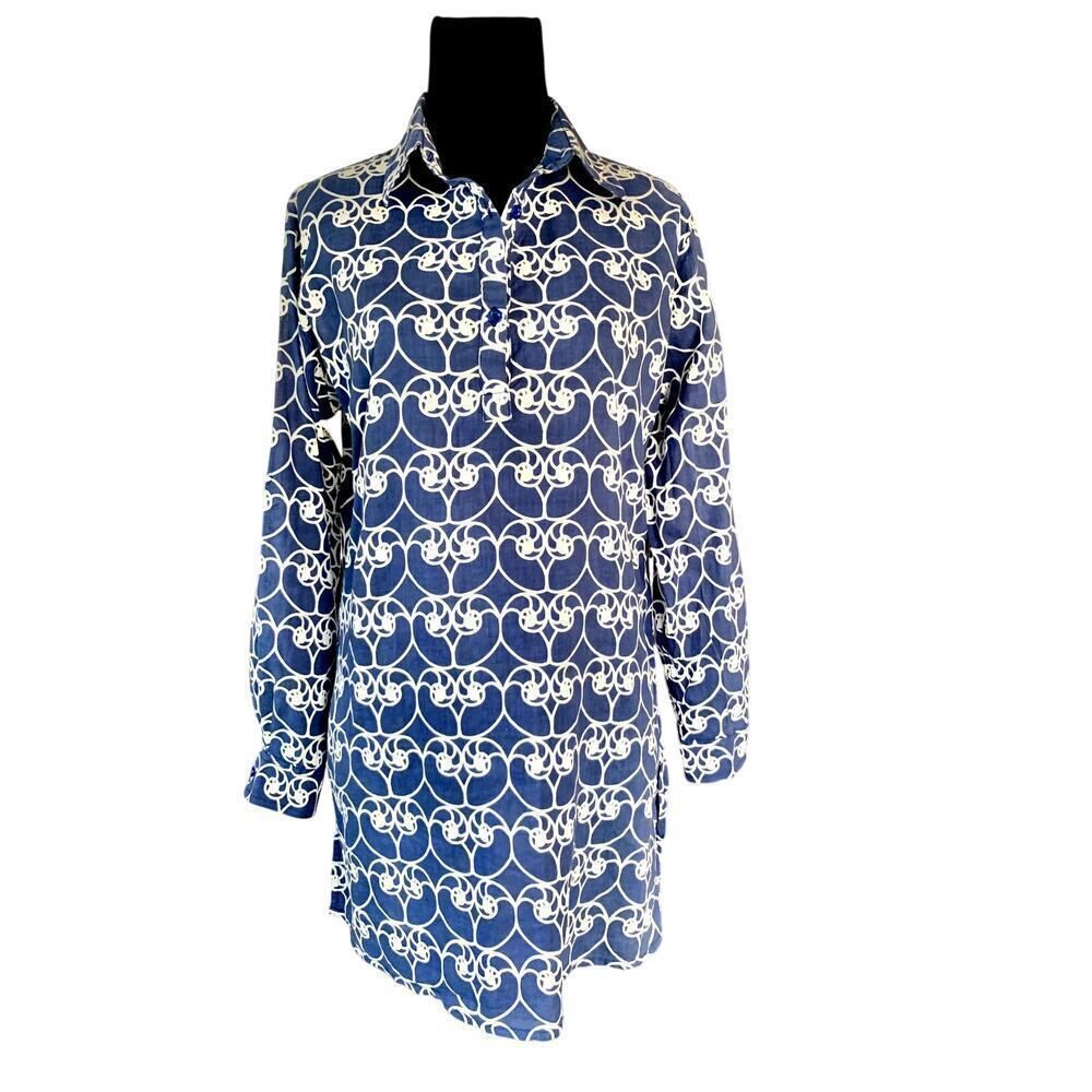 Three Islands 100% Cotton Blue And White Shell Print Tunic Top Size Small